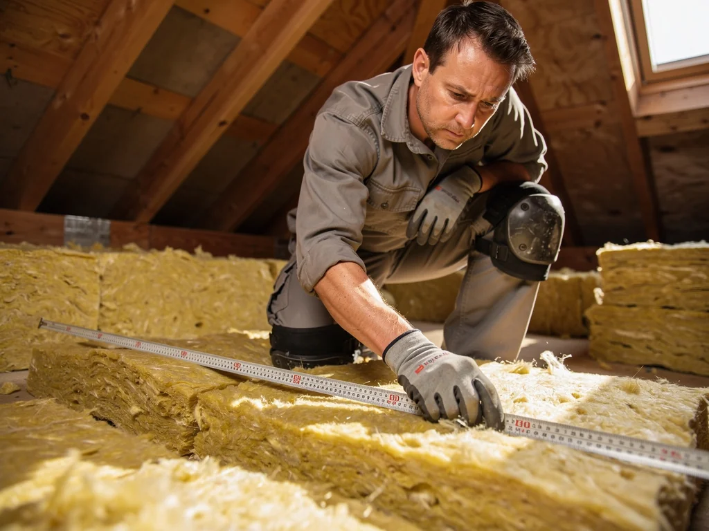 Artisan contrôlant l'épaisseur d'isolant à la réglette dans un comble